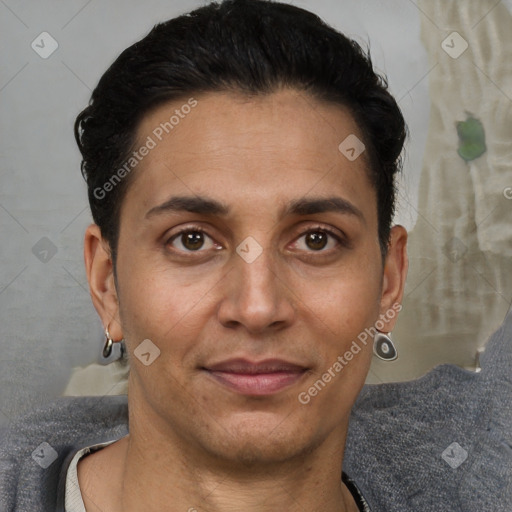 Joyful white adult male with short  brown hair and brown eyes