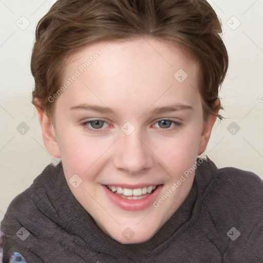 Joyful white young-adult female with short  brown hair and blue eyes