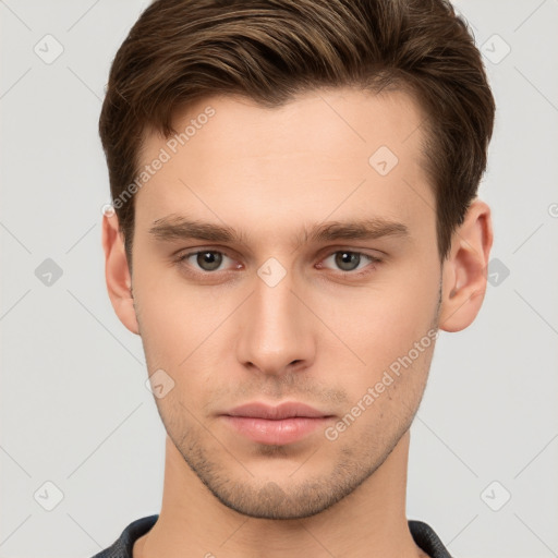 Neutral white young-adult male with short  brown hair and brown eyes