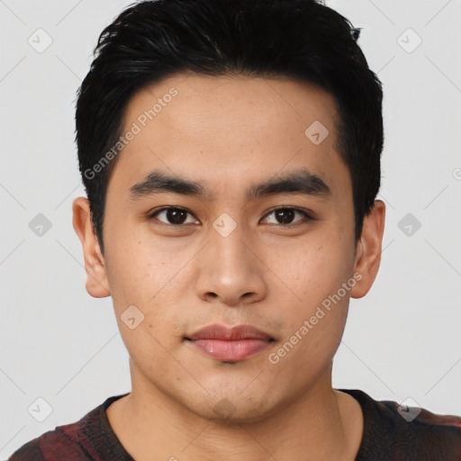 Neutral asian young-adult male with short  black hair and brown eyes