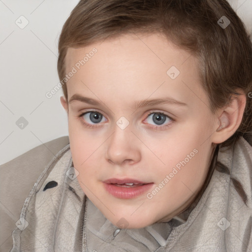 Joyful white child female with short  brown hair and brown eyes