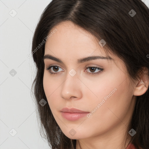 Neutral white young-adult female with long  brown hair and brown eyes