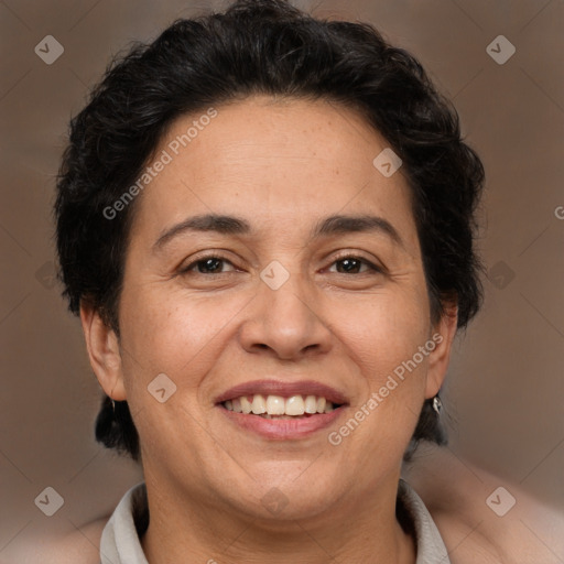 Joyful white adult female with short  brown hair and brown eyes