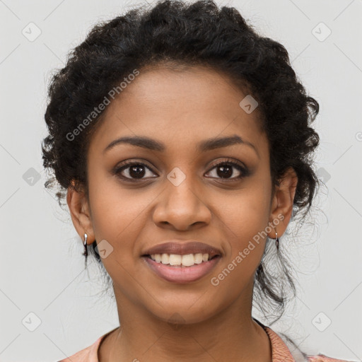 Joyful latino young-adult female with long  black hair and brown eyes