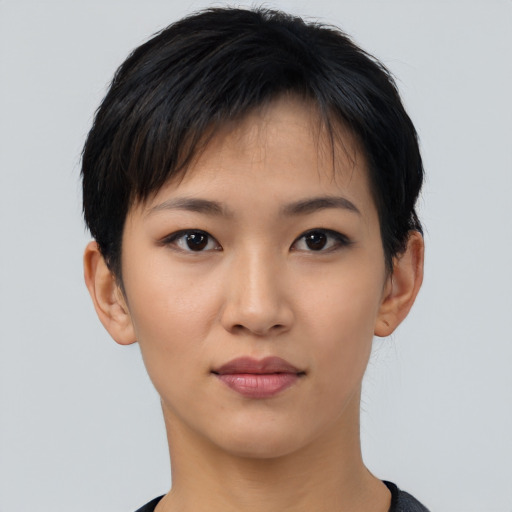 Neutral asian young-adult female with short  black hair and brown eyes