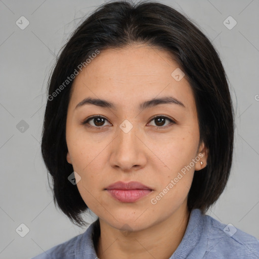 Neutral asian young-adult female with medium  brown hair and brown eyes