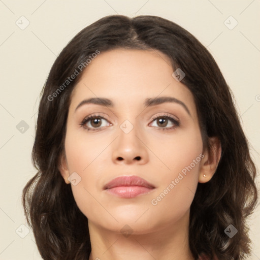 Neutral latino young-adult female with long  brown hair and brown eyes