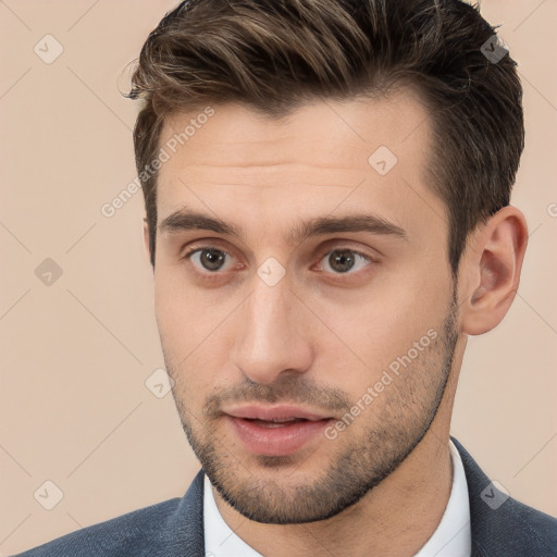 Neutral white young-adult male with short  brown hair and brown eyes