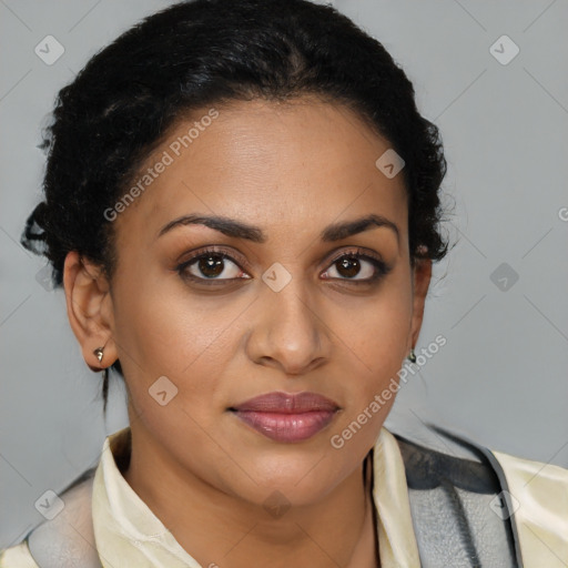 Joyful latino young-adult female with short  brown hair and brown eyes