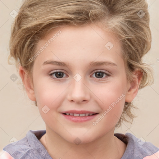 Joyful white child female with medium  brown hair and grey eyes