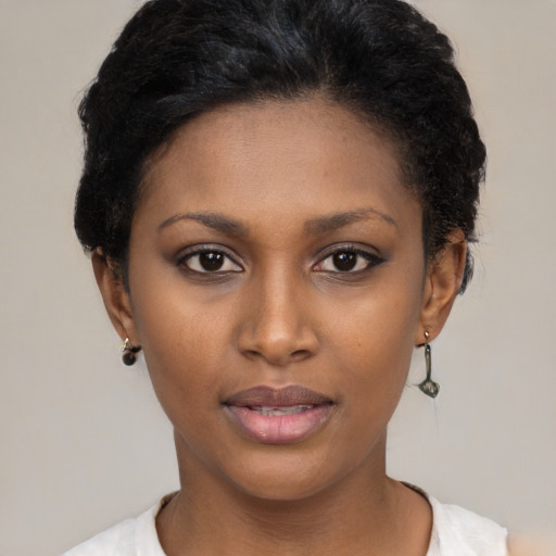 Neutral latino young-adult female with short  brown hair and brown eyes