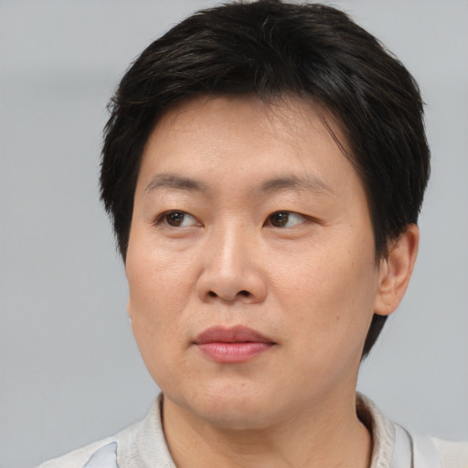 Joyful asian adult male with short  brown hair and brown eyes