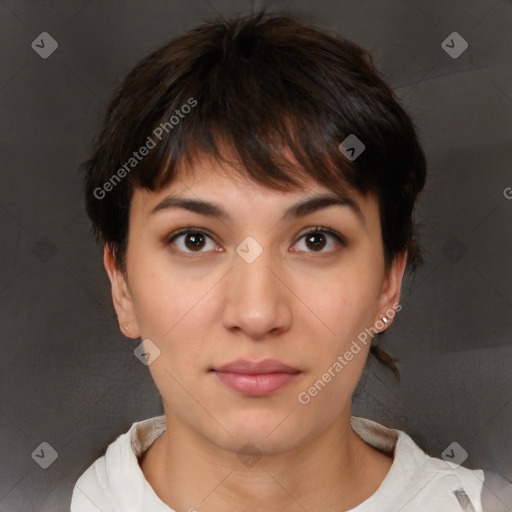 Neutral white young-adult female with medium  brown hair and brown eyes