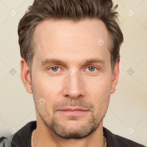 Neutral white adult male with short  brown hair and brown eyes