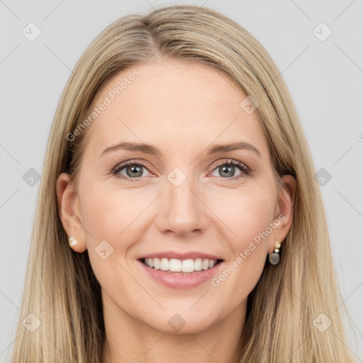 Joyful white young-adult female with long  brown hair and grey eyes