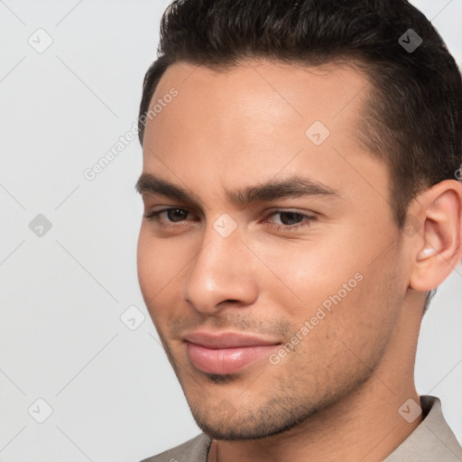 Neutral white young-adult male with short  brown hair and brown eyes