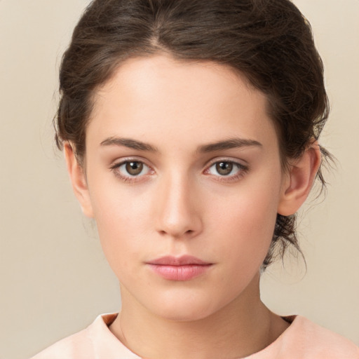 Neutral white young-adult female with medium  brown hair and brown eyes