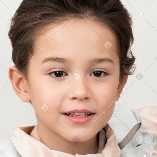 Joyful white child female with short  brown hair and brown eyes