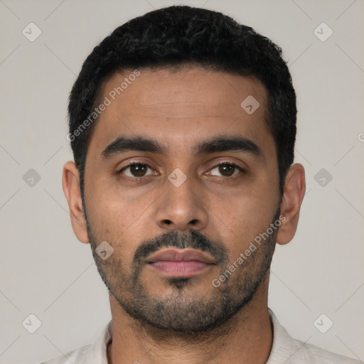 Neutral latino young-adult male with short  black hair and brown eyes