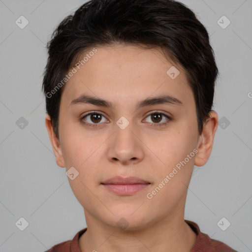 Neutral white young-adult female with short  brown hair and brown eyes