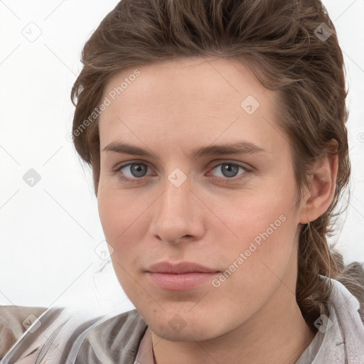 Neutral white young-adult female with medium  brown hair and grey eyes