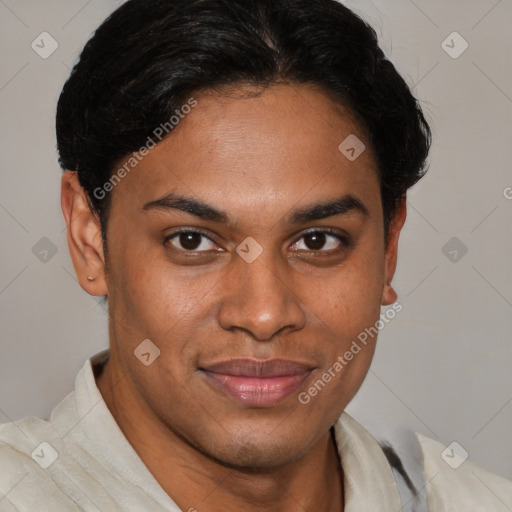 Joyful latino young-adult male with short  brown hair and brown eyes