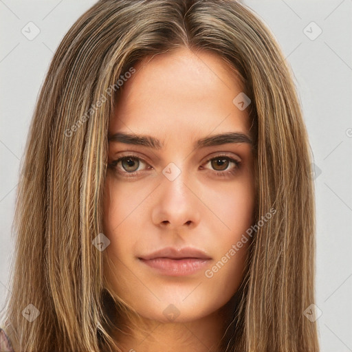 Neutral white young-adult female with long  brown hair and brown eyes