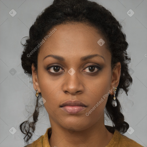 Neutral black young-adult female with medium  brown hair and brown eyes