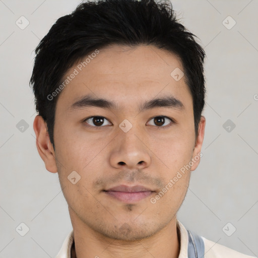 Neutral asian young-adult male with short  black hair and brown eyes