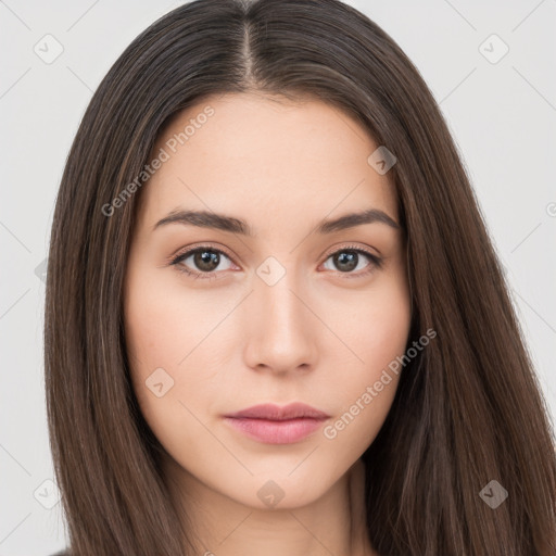 Neutral white young-adult female with long  brown hair and brown eyes