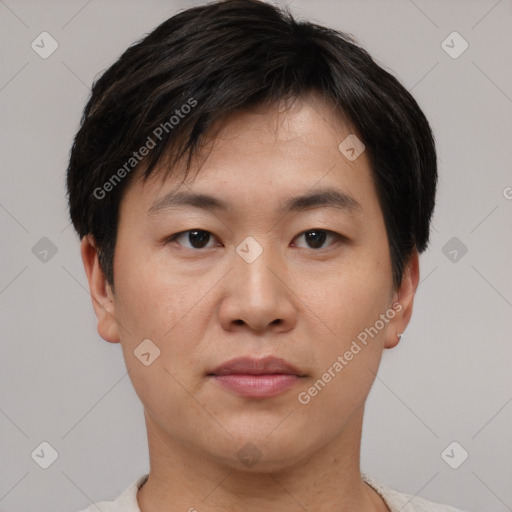 Neutral asian young-adult male with short  black hair and brown eyes