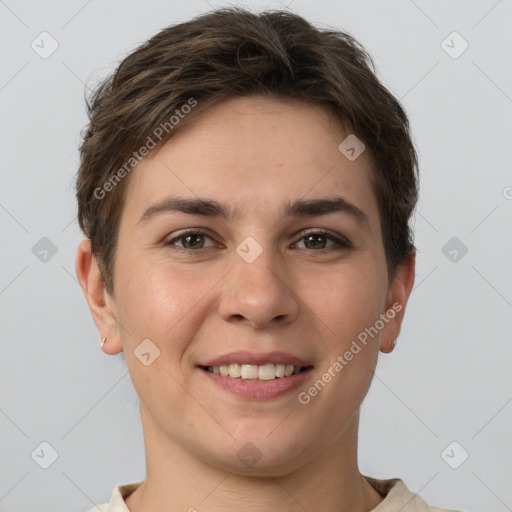 Joyful white young-adult female with short  brown hair and grey eyes