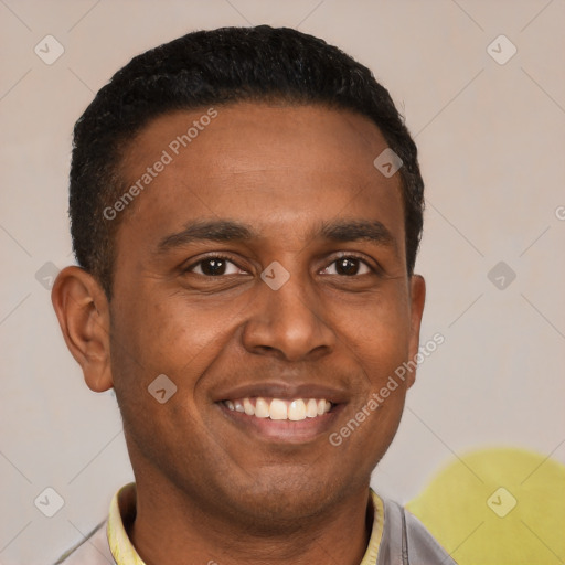 Joyful latino young-adult male with short  brown hair and brown eyes