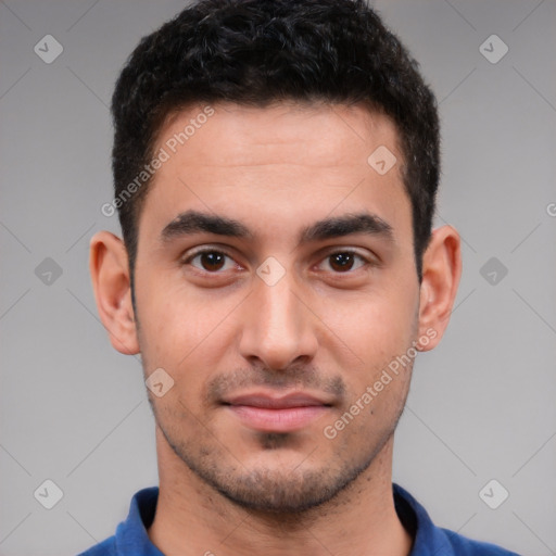 Neutral white young-adult male with short  brown hair and brown eyes