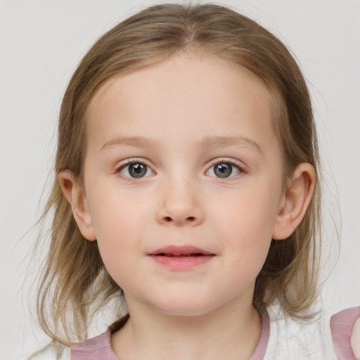 Neutral white child female with medium  brown hair and grey eyes