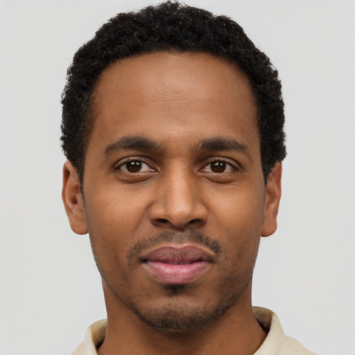 Neutral black young-adult male with short  black hair and brown eyes