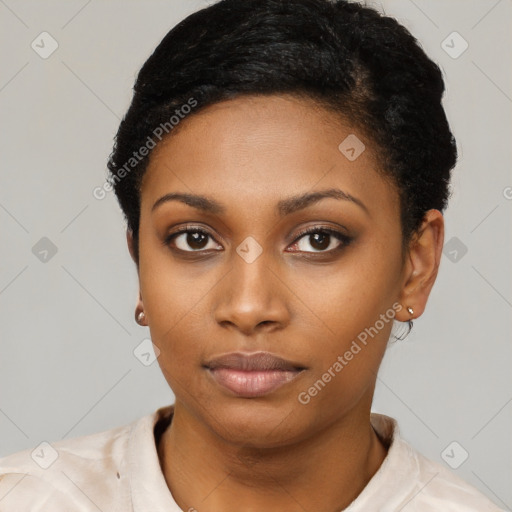 Neutral black young-adult female with short  black hair and brown eyes