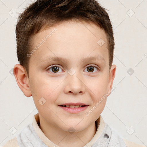 Joyful white child male with short  brown hair and brown eyes