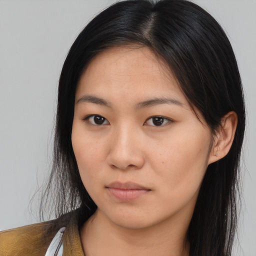 Neutral asian young-adult female with long  brown hair and brown eyes