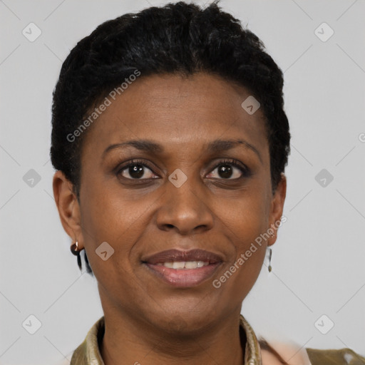 Joyful black adult female with short  black hair and brown eyes