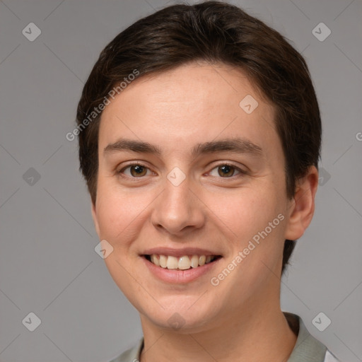 Joyful white young-adult female with short  brown hair and grey eyes