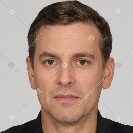 Neutral white adult male with short  brown hair and brown eyes