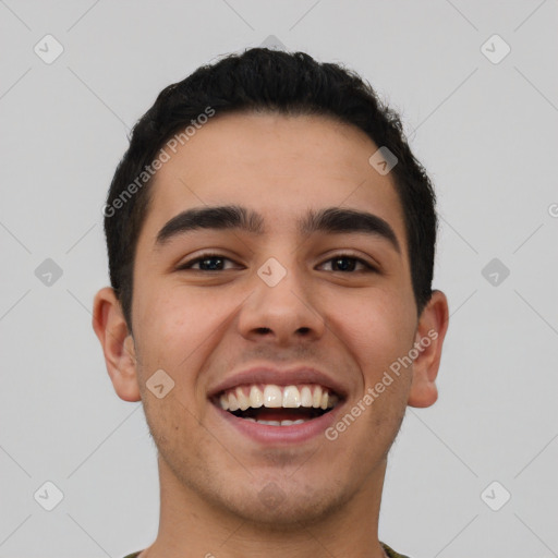 Joyful latino young-adult male with short  black hair and brown eyes