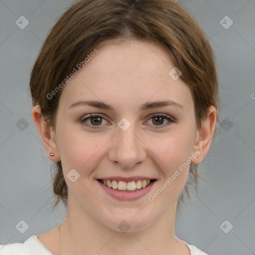 Joyful white young-adult female with medium  brown hair and green eyes