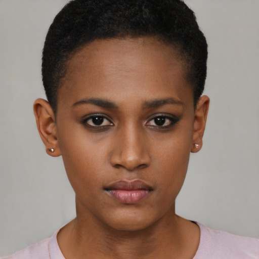 Neutral black young-adult female with short  brown hair and brown eyes