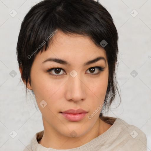 Neutral asian young-adult female with short  brown hair and brown eyes