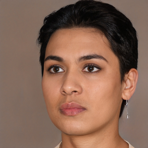 Neutral latino young-adult female with short  black hair and brown eyes