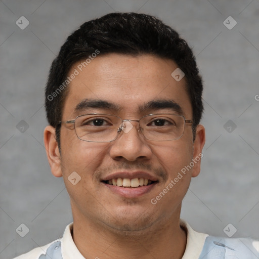 Joyful white young-adult male with short  black hair and brown eyes