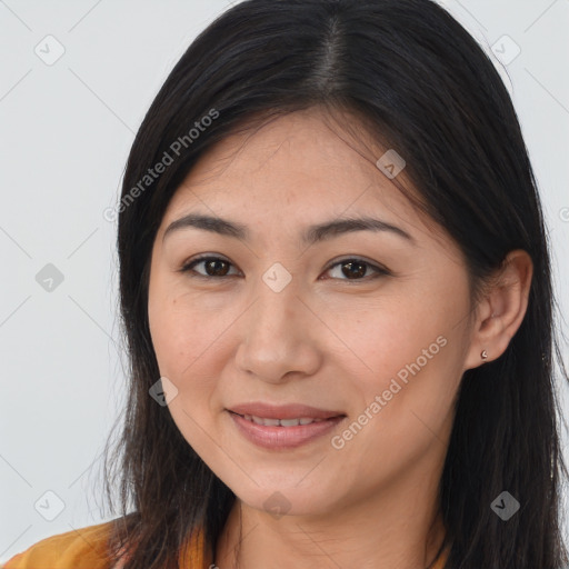 Joyful white young-adult female with long  brown hair and brown eyes