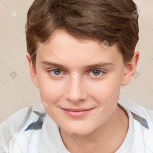 Joyful white child female with short  brown hair and brown eyes